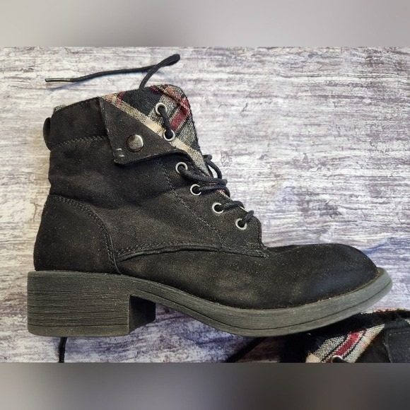 Rock & Candy Black Ankle Boots Plaid Lined Lace Up Chunky Heel Grunge - Picture 10 of 11
